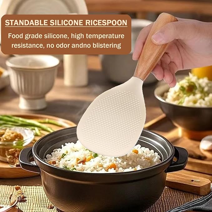 1pcs vertical heat-resistant silicone rice cooker spoon, non stick cooking spoon, anti scald kitchen tool, household electric shovel heat-resistant and anti scald rice spoon (beige)