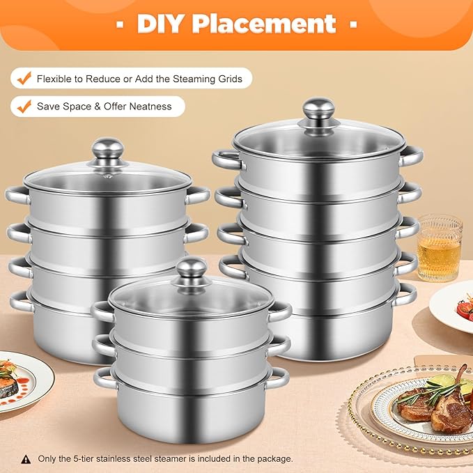 5-Tier Food Steamer Pot for Cooking, Stainless Steel Steamer Pot with Clear Lid, Stackable Steaming Pots Steam Cooker Cookware for Dumpling Seafood, Compatible with Gas/induction Stove (10.23in Diameter)