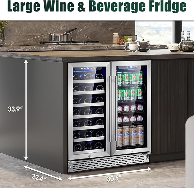 Phiestina Wine and Beverage Refrigerator, 30 inch Dual Zone Wine Fridge with Glass Door 33 Bottles & 100Cans, Built-in or Freestanding Beer Drink Wine Cooler with Blue LED Light