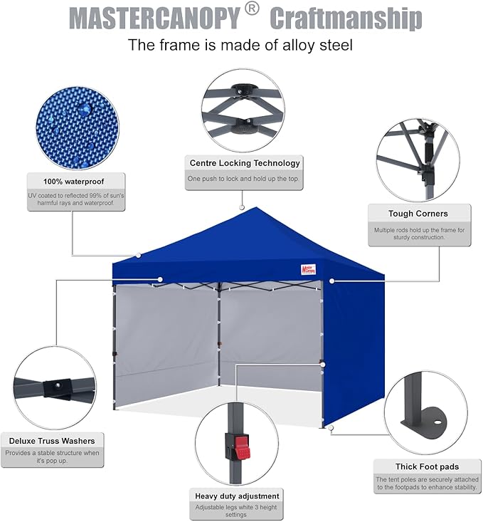 MASTERCANOPY Heavy Duty Pop-up Canopy Tent with Sidewalls (10x10,Blue)
