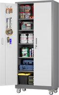 Aobabo Upgraded Garage Storage Cabinets with Wheels,Metal Storage Cabinets with 5 Adjustable Shelves for Garage Home Office Storage, Grey&White,71''H*32''W*16''D,Assembly Required