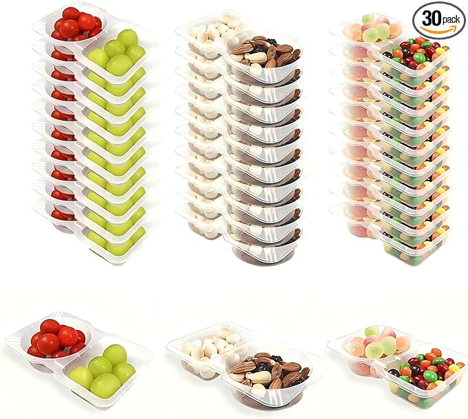 30 Pack Snack Containers with Lids, 2-Compartment Food Storage Boxes for Meal Prep, Portion Control, Lunch, Kids, School, Work, and On-the-Go Snacks