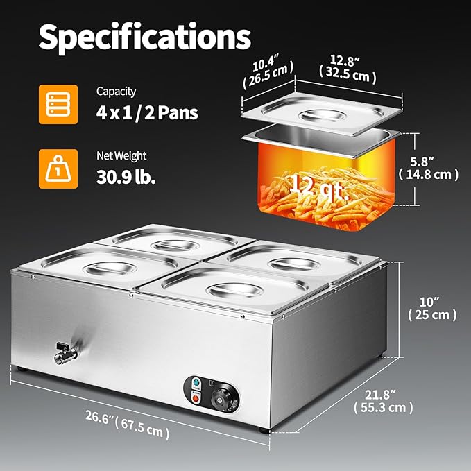 Commercial Food Warmer 48 Qt Stainless Steel Steam Table Countertop Buffet Warmer, 4-Pan 1500W Electric Bain Marie Food Warmer with Adjustable Temperature for Restaurants, Catering, Hotels