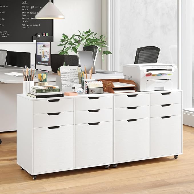 File Cabinet, White Filing Cabinet w/Universal Wheels, Wood Printer Stand w/4 Drawers & 2 Doors, Rolling File Cabinets for Home Office, Living Dining Room (White, 4 Drawers & 2 Doors)