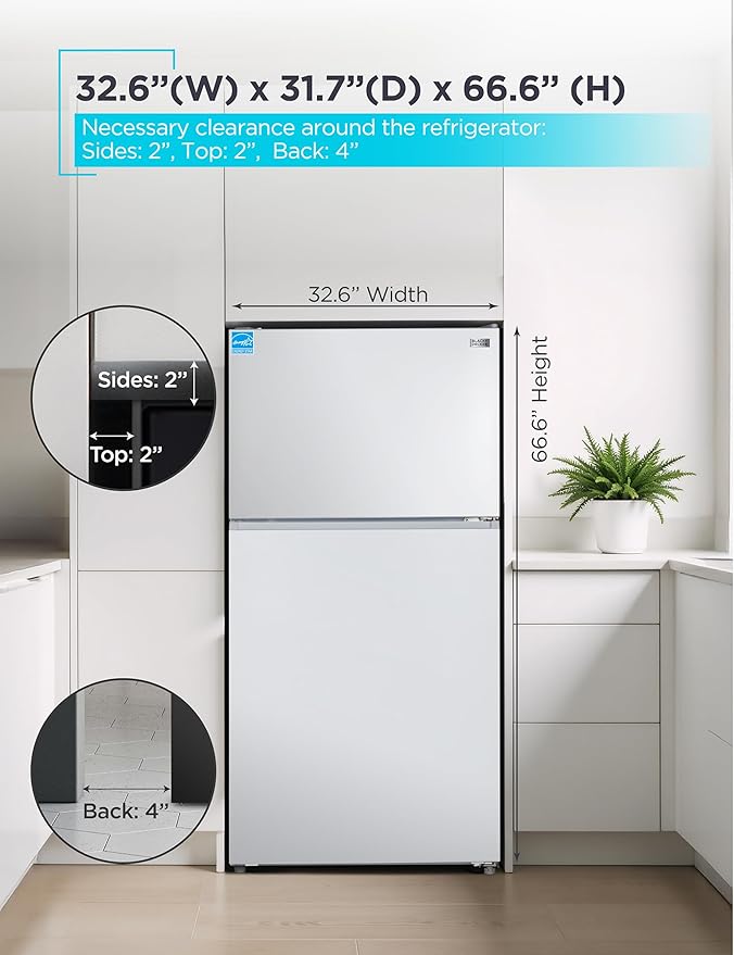 BLACK+DECKER 24 Cu. Ft. Top Mount Refrigerator with Ice Maker, 2-Door Refrigerator with Top Freezer, Freezer with Icemaker and Adjustable Temperature Control, ENERGY STAR, BR2400JIMW, White