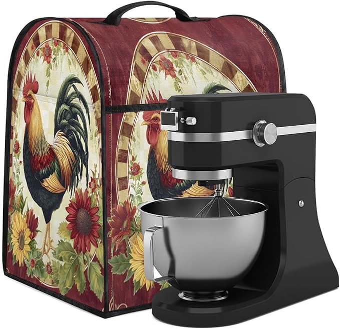 Kitchen Aid Mixer Cover Rooster Chicken Flower Vintage Stand Mixer Cover Compatible with 6-8 Quarts Stand Mixers, Dust Covers with Zipper Pocket Foldable Washable Kitchen Aid Organizer Bag