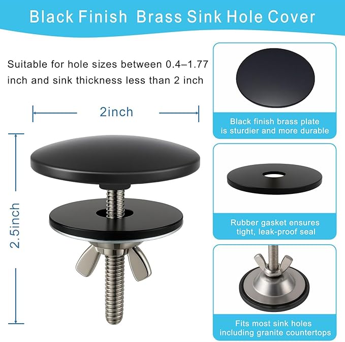 2 Inch Faucet Hole Cover, Sink Hole Cover, Solid Brass Black Finish Kitchen Sink Tap Hole Plate Stopper Cover for Home Kitchen and Bathroom, Kitchen Sink Hole Covers (Black)