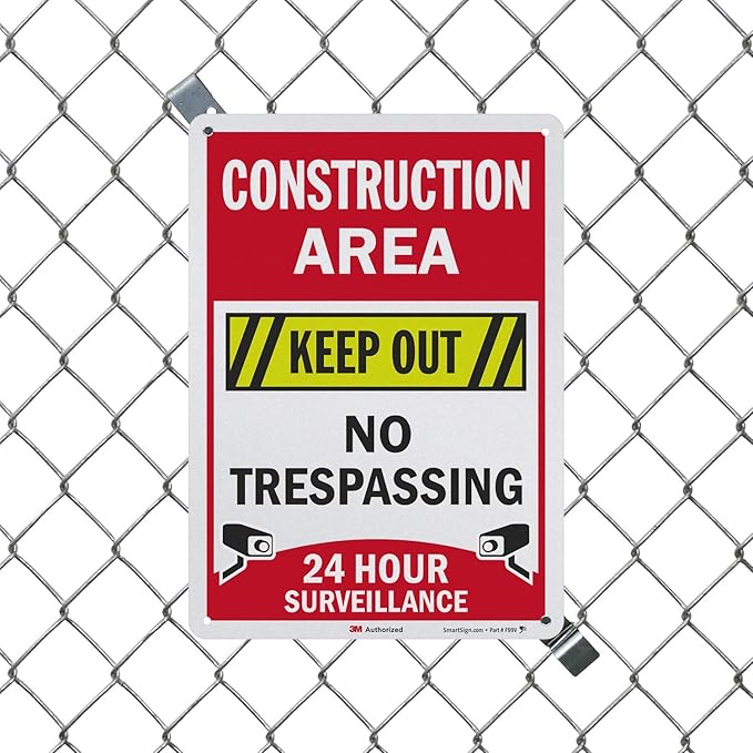 SmartSign “Construction Area - Keep Out, No Trespassing, 24 Hour Surveillance” Sign | 10" x 14" 3M Engineer Grade Reflective Aluminum, Made in USA