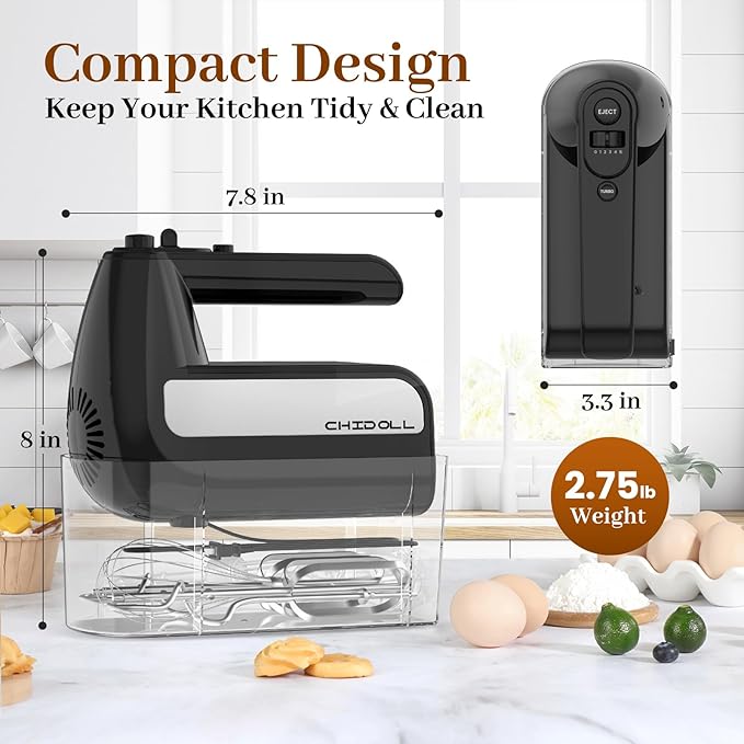 5-Speed Electric Hand Mixer, 800W Handheld Mixer with Turbo for Baking & Cooking, Kitchen Food Mixer with Storage Case & 6 Stainless Steel Attachments (2 Beaters, 2 Dough Hooks, 2 Whisks)-Black