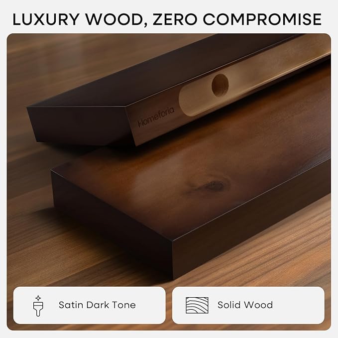 Homeforia Walnut 60 inch Floating Shelf, High End Solid Real Wood 60inch Long Floating Shelf for Wall, Dark Brown Wooden 60in Large Floating Shelves, Heavy Duty Bracket, 60 X 6.5 X 1.75 inch, Set of 3