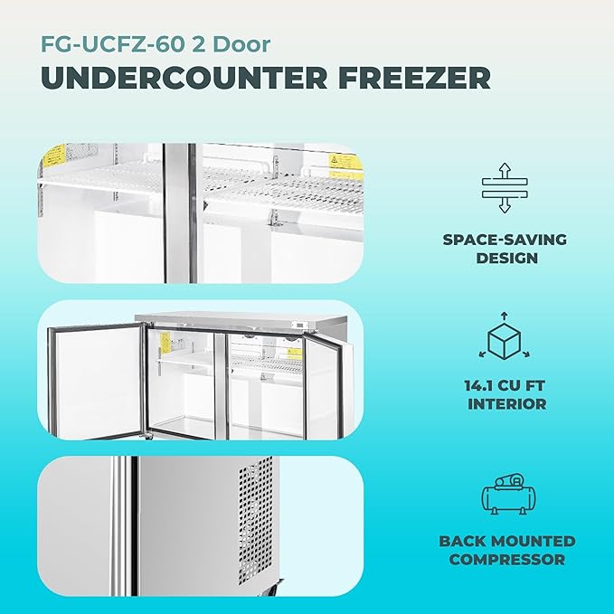 Frigos FG-UCFZ-60 60" 14.1 Cu Ft Commercial Undercounter Freezer Silver - ETL Certified Stainless Steel, LED Lighting - Perfect for Commercial Kitchens - Low Energy Freezer Included Liftgate