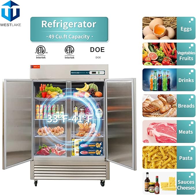 WESTLAKE Commercial Refrigerator 54" W 49 Cu.ft Stainless Steel Reach in Solid door Upright Fan Cooling 2 door 2 Section Cooler for Restuarant, Bar, Shop, etc
