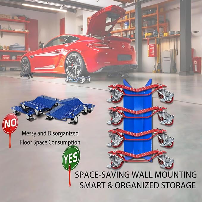 Car Dolly Dock, Heavy Duty Vehicle Dolly Rack Wall Mount, 4-Slot Design for Quick Garage Organization, Ideal Auto Wheel Dolly Holder for Industrial & Home Workshops and Garages (4-Slot)