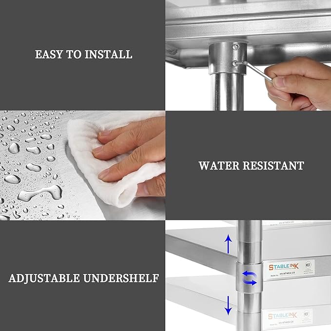 STABLEINK NSF Stainless Steel Prep Table 48 x 24 Inches Metal Work Table with Adjustable Undershelf for Commercial Kitchen, Restaurant, Hotel and Garage