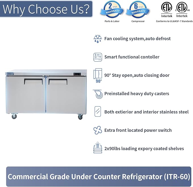 ICECASA 60" W Commercial Refrigerator Worktop Undercounter Refrigerator Double Door Stainless Steel Counter Fan Cooling Refrigerator 16.4 Cu.ft for Restaurant, Bar, Shop, etc