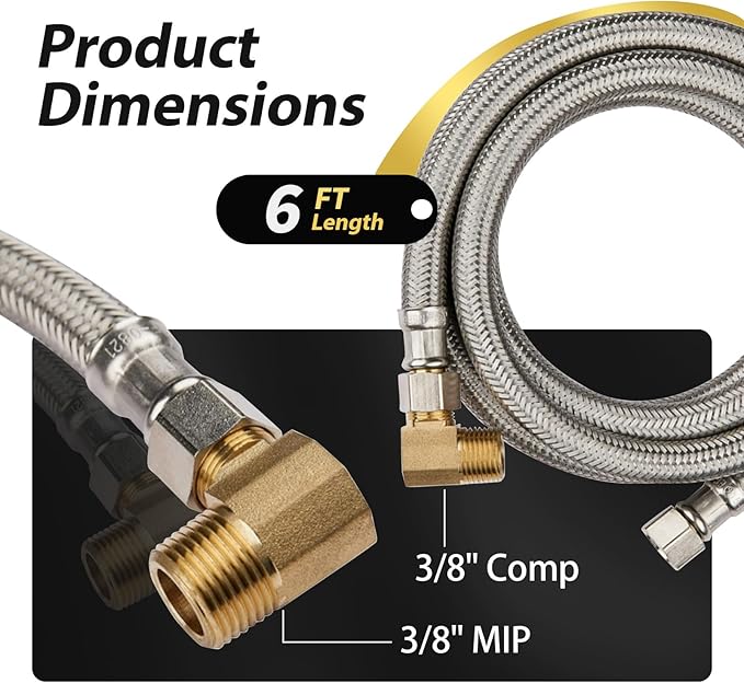 50 Pack Foskan 6FT Stainless Steel Dishwasher Hose With 3/8" Comp x 3/8" MIP 90° Elbow,Flexible Water Line Connector for Standard Dishwashers （6FT）
