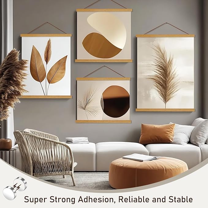 2 Pack Magnetic Poster Hanger Frame, 22x34 22x28 22x30 Light Wood Wooden Magnet Canvas Artwork Print Dowel Poster Hangers Frames Hanging Kit (Teak Wood, 22",2 Packs)