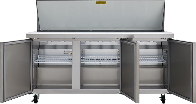 Kratos Commercial Refrigerator, Mega Top Sandwich/Salad Prep Table, 70" Wide Three Door Stainless Steel Refrigerated Prep Table with 30 Food Pan Capacity (67K-037)