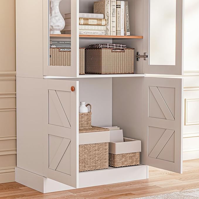 Vyre 71" Tall Farmhouse Kitchen Pantry, Large Storage Cabinets with Glass Doors, Adjustable Shelves, Wood Versatile Hutch Cabinet for Dining Room, Set of 2, White