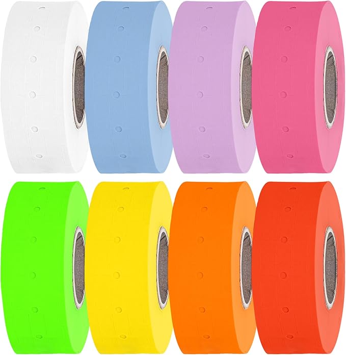 Perco 1 Line Multicolored Sleeve—8 Rolls, 1 Sleeve, 8,000 Labels for Perco Lite, X, Plus & Pro Guns—Includes White, Yellow, Blue, Lavender & Fluorescent Colors (Red, Green, Pink, Orange)—Made in USA