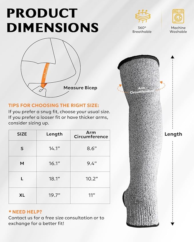 Evridwear Protective Arm Sleeves Cut Resistant Farmers Sleeves for Men Work, Gardening, Farming, Arm Protectors for Thin Skin and Bruising (Large, With Thumb Hole)