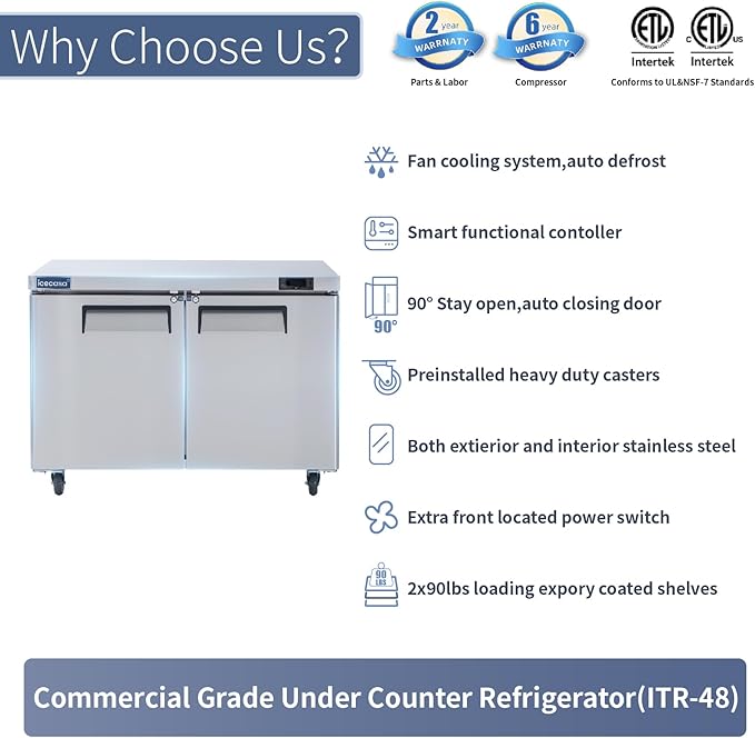 ICECASA 48" W Commercial Refrigerator Worktop Undercounter Refrigerator 2 Door Stainless Steel Counter Fan Cooling Refrigerator 13 Cu.ft for Restaurant, Bar, Shop, etc