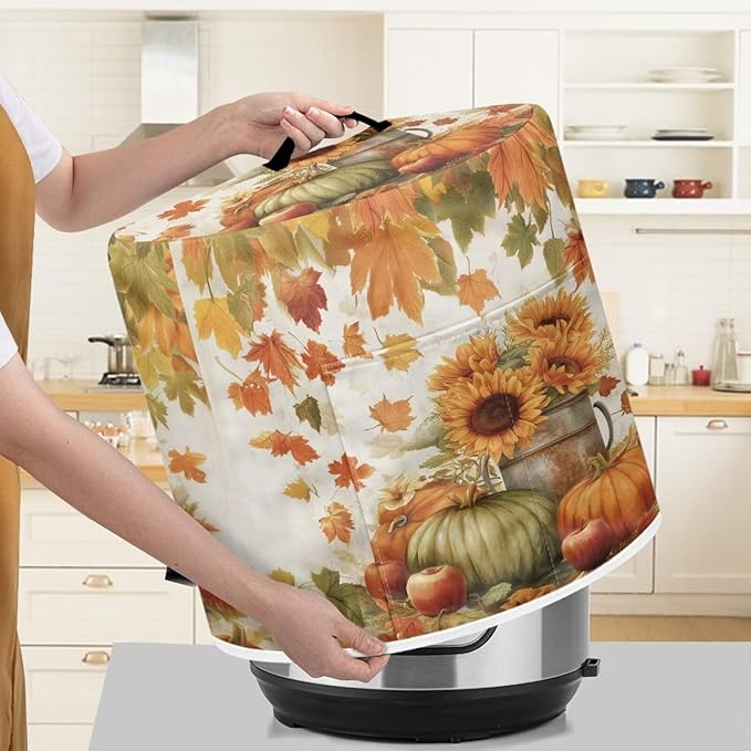 Fall Decor Stain-resistant Pressure Cooker Dust Cover Accessories for 3 Quart, Kitchen Appliance Air Fryer Rice Cooker Cover with Top Handle and Storage Pocket Sunflower Pumpkins