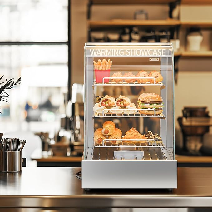 ROVSUN 15" Commercial Food Warmer Display Pizza Warmer, 3-Tier Electric Countertop Food Warmer w/LED Lighting Adjustable Removable Shelves Glass Door, Pretzel Warmer for Buffet Restaurant, Silver