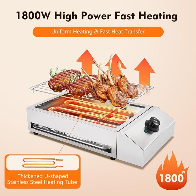 Countertop Electric BBQ Grill, 1800W Commercial Smokeless Barbecue Oven with Adjustable Temperature, Portable Stainless Steel Grill for Party Home Camping Cooking