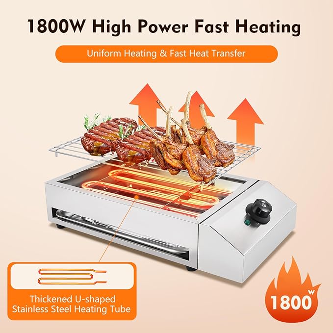 1800W 110V Countertop Electric BBQ Grill, Commercial and Home Use Stainless Steel Barbecue Griddle Adjustable Temperature 122-302℉, Portable Barbecue for Processing Pancakes, Crispy Bacon