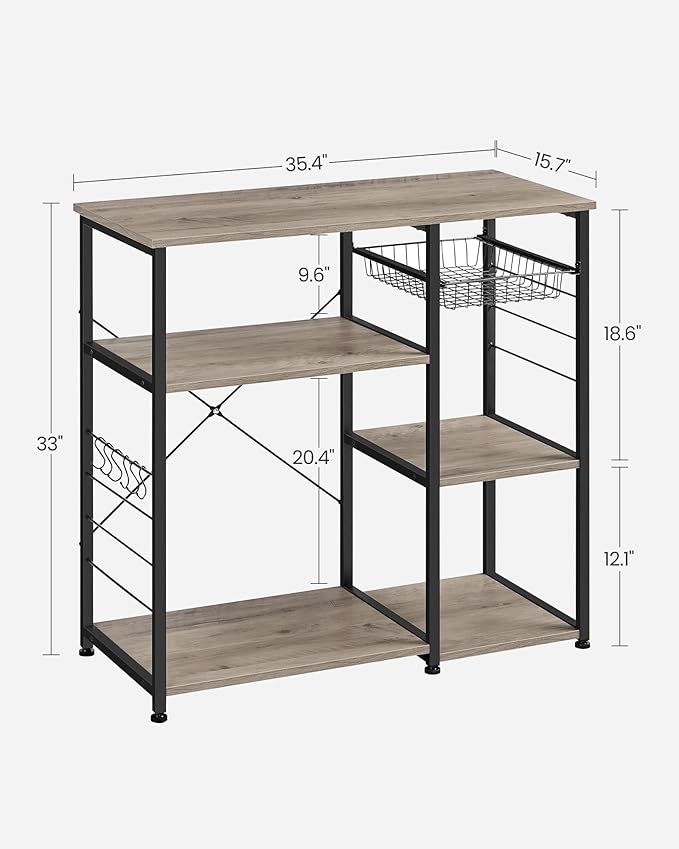 VASAGLE ALINRU Kitchen Baker’s Rack, Coffee Bar, Microwave Oven Stand, with Steel Frame, Wire Basket, 6 Hooks, for Mini Oven, Spices Utensils, Industrial, Heather Greige and Ink Black UKKS090B02