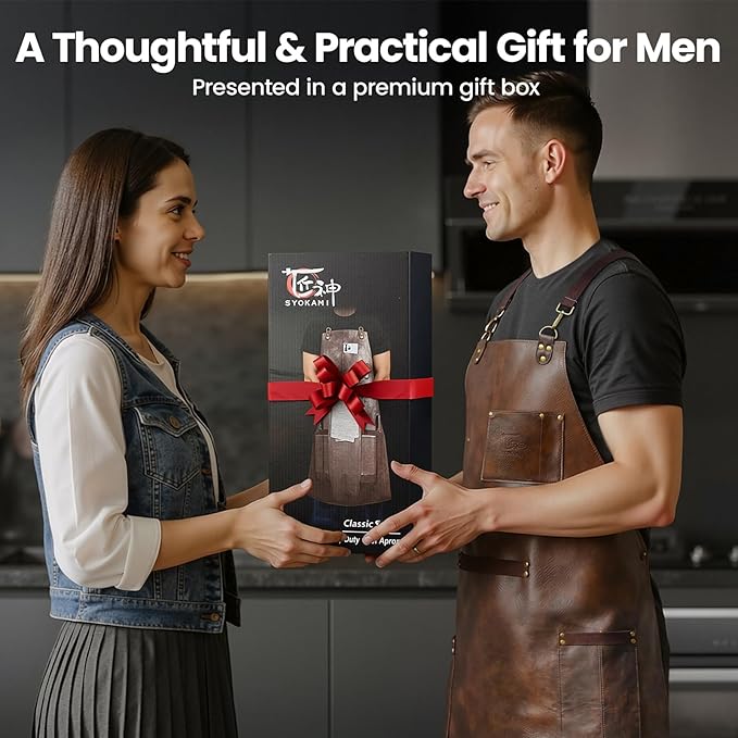 Leather Chef Cooking Apron for Men, Cross Back Apron for All-Day Comfort, Waterproof Apron with Multiple Pockets, Great for Kitchen, Baking, BBQ, Butcher Work or Crafts, Ideal Gift