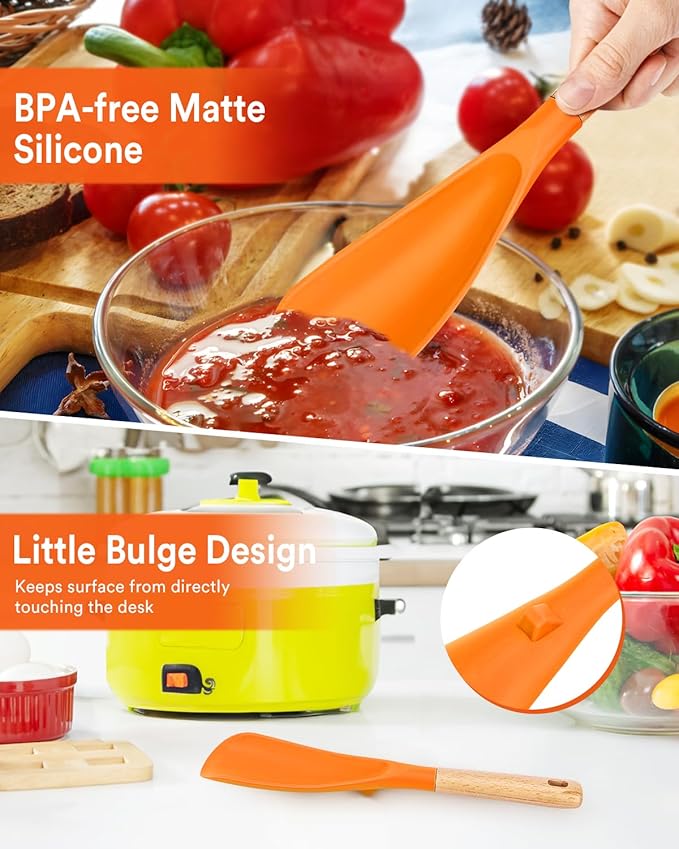 Cooking Spoon for Nonstick Cookwares, Great for Cooking and Serving Sturdy BPA-Free Matte Silicone, Wood Handle Spoon for Mixing, Scoop, and Scrape (ORANGE, 11.4 inch)