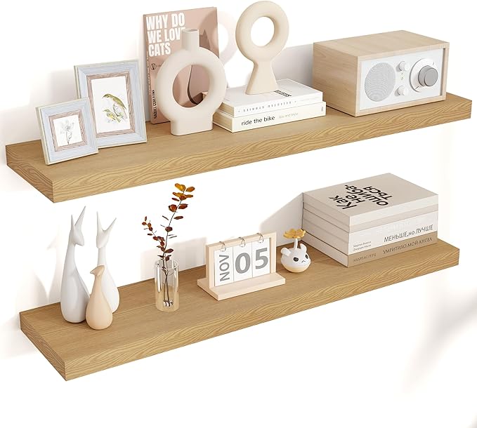 Floating Shelves for Wall 36"W x 7.8"D x 1.5"H, Engineered Wood Wall Shelves with Invisible Brackets for Living Room Bedroom Bathroom Office Kitchen Decor and Storage, Oak Finish, Set of 2