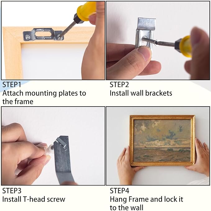 Security Picture Hanging Kit with T-Head Screws, 25 Pack Anti-Theft Picture Hangers for Cleat Systems, Heavy Duty T-Lock Frame Hanging Hardware for Wood & Metal Frames