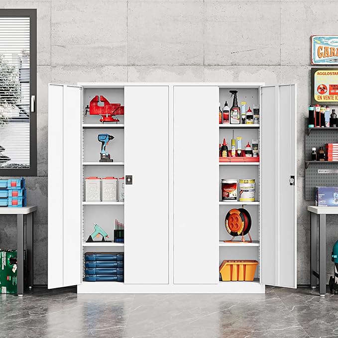 Metal Storage Cabinet-72” Tall Steel File Cabinets with Lockable Doors and Adjustable Shelves-White Steel Storage Cabinet for Kitchen, Office, Garage
