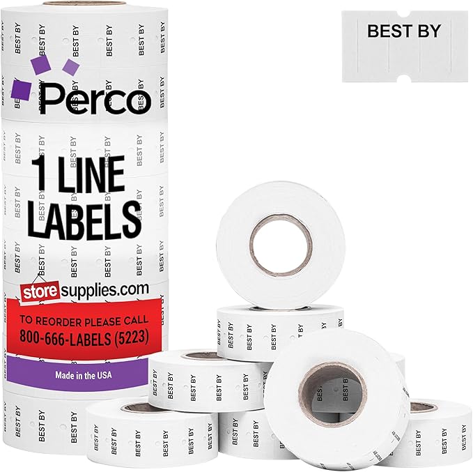 Perco Best by 1 Line Labels - 8 Rolls, 1 Sleeve, 8,000 Blank Date Gun Labels for Perco 1 Line Date Guns - Made in USA