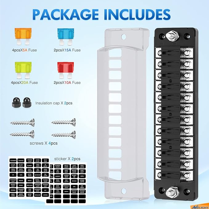 Nilight 12 Way Fuse Block with Negative Bus 12V Blade Holder ATC/ATO Standard Box Label Stickers Waterproof Cover Panel for Automotive Cars Trucks RVs Campers Vans