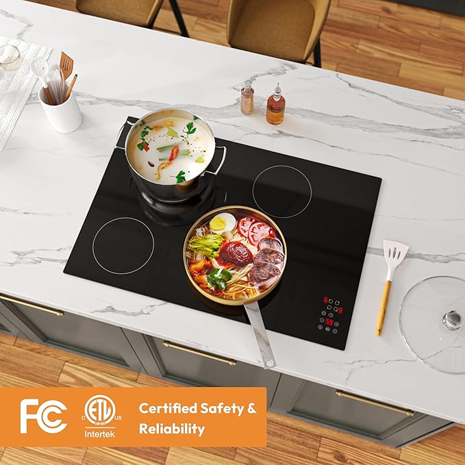 Empava 30 Inch Electric Ceramic Cooktop Built-in, 4 Radiant Burners, Dual Zone Heating, Touch Control, Child Lock, Stop & Go Pause Function, ETL Certified, Smooth Glass Surface