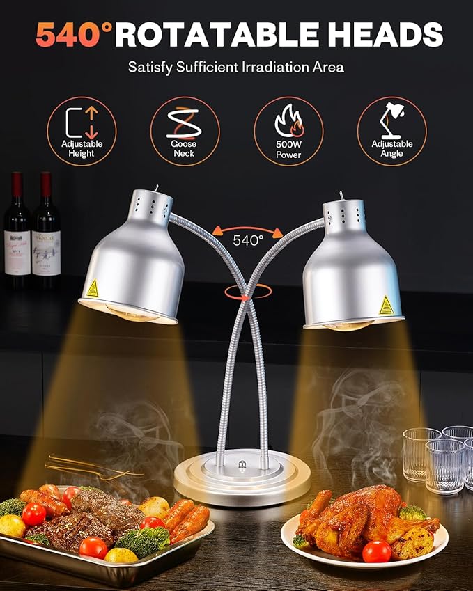 Food Heat Lamp: [Rapid-Heating Bulbs Included] [Steady Heating] Commercial Food Warmer Lamp, Electric Heat Lamp for Food Catering Food Warming Lamp for Buffet Parties (Painted Silver, 32" (2-Head))