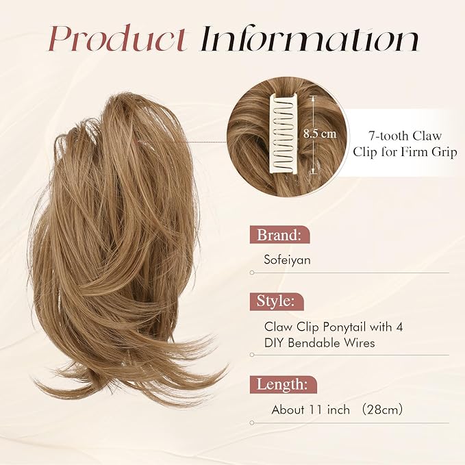 SOFEIYAN Claw Clip Short Ponytail Extension DIY Bendable Wires Hair Bun Fluffy Fake Hair Piece Straight Synthetic Hair Ponytail Extensions for Wonen - Warm Honey Brown Blend