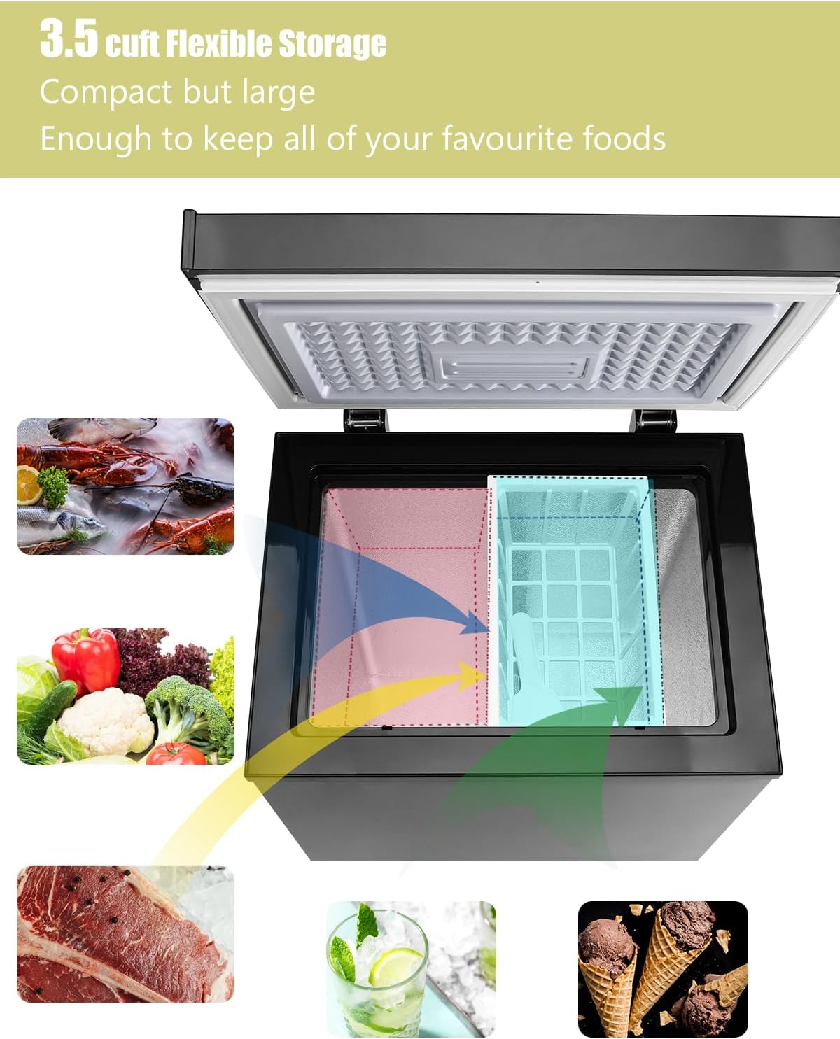 3.5 Cu.Ft Freestanding Chest Freezer with a Removable Basket, 7 Gears Temperature Control (-18F to -46F), Deep Freezer for House, Garage, Kitchen, Basement, Shop, Black