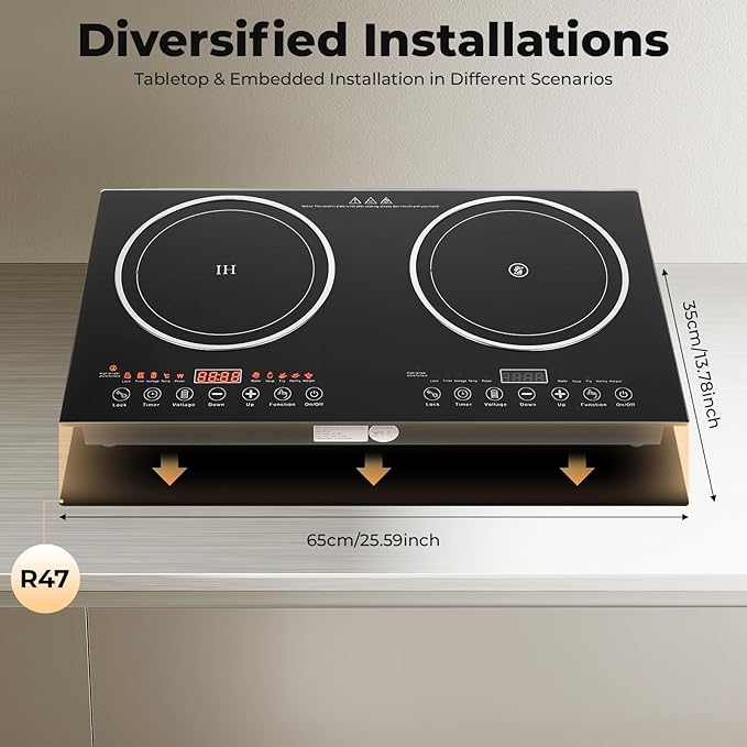 Double Induction Cooktop, 1200W+1200W Electric Cooktop with LED Display and Timer, Built-in and Countertop Stove Top for 4.72-9.65 inches Diameter for Home Kitchen, Flat, Restaurant