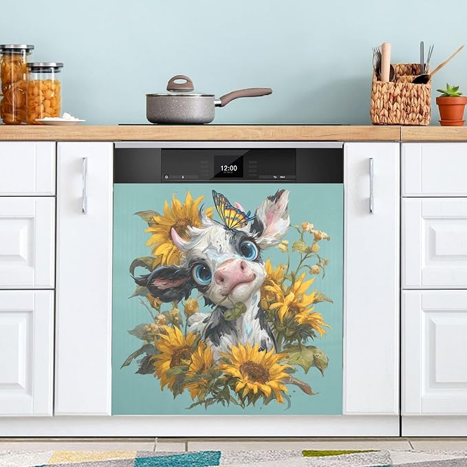 Fall Sunflower Cow Teal Dishwasher Magnet Cover Front Door Magnetic Dishwasher Cover Decorative Refrigerator Magnet Covers Appliances Stickers for Home Kitchen Decor, 23" x 26"
