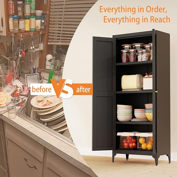 Tall Pantry Cabinet, 65" Kitchen Cupboard with Doors and Adjustable Shelves, Food Pantry Cabinets, Metal Hutch Cabinet with Storage for Kitchen, Living Room, Dining Room, Black
