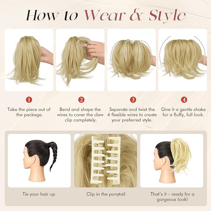 SOFEIYAN Claw Clip Short Ponytail Extension DIY Bendable Wires Hair Bun Fluffy Fake Hair Piece Straight Synthetic Hair Ponytail Extensions for Wonen - Light Blonde with Platinum Tips