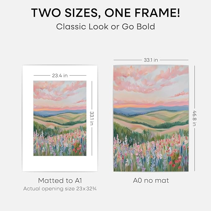 Homeforia A0 Poster Frame Silver, High End Metal A0 Large Picture Frame Silver with Mat A1 for Photo, 33.1x46.8 Frames Matted to 23.4x33.1 Print, 33.1 by 46.8 Frame, Tempered Glass, Wall Kit, Set of 1