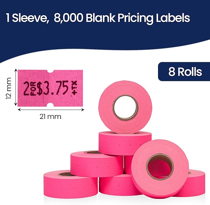 Perco 1 Line Fluorescent Pink Labels - 8 Rolls, 1 Sleeve, 8,000 Blank Price and Date Gun Labels for Perco Lite, X, Plus and Pro 1 Line Price and Date Guns - Made in USA