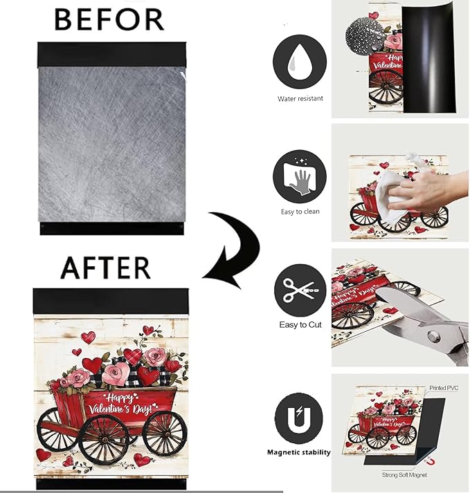 Happy Valentine's Day Dishwasher Magnet Cover,Rustic Red Wagon Floral Magnetic Dishwasher Cover Vinyl Sticker,Roses Fridge Door Cover Magnets Art Skin Panel Decal,Home Decor Decal,23"X26"