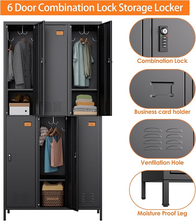 METAN Metal Locker for School Office Gym Bedroom,with Password Lock,6 Doors Steel Storage Lockers Cabinet for Employees,Industrial Storage with 1 Shelf,Assembly Required,Black